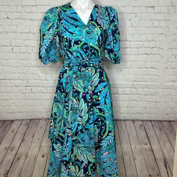 Lilly Pulitzer Juney Midi Dress in Low Tide Navy and Turquoise Size 6 - Picture 2 of 12